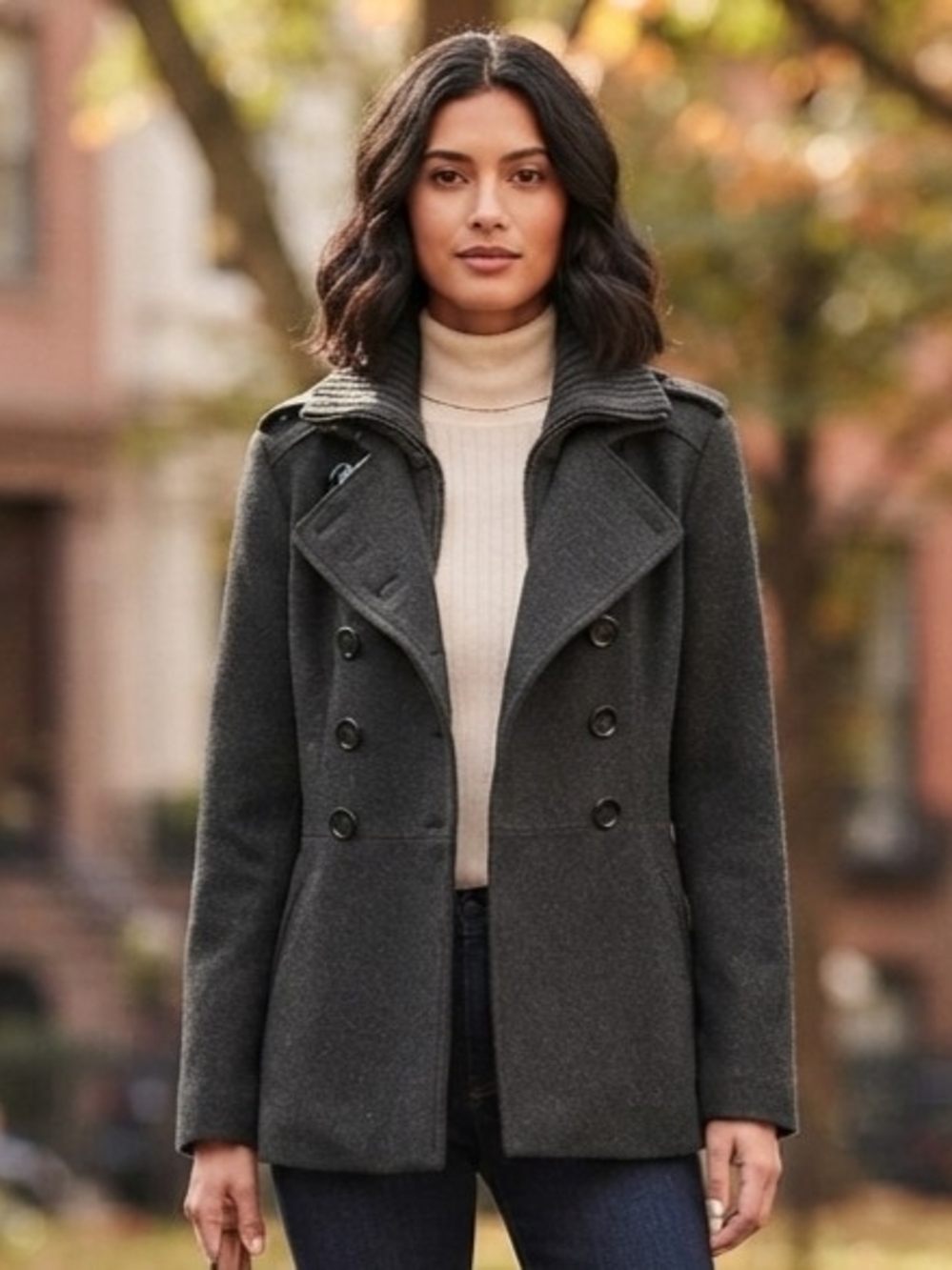 Foreign Exchange Double-Breasted Peacoat in Charcoal Gray